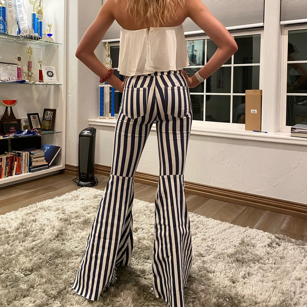 Free People Blue and White Striped Flare Jeans